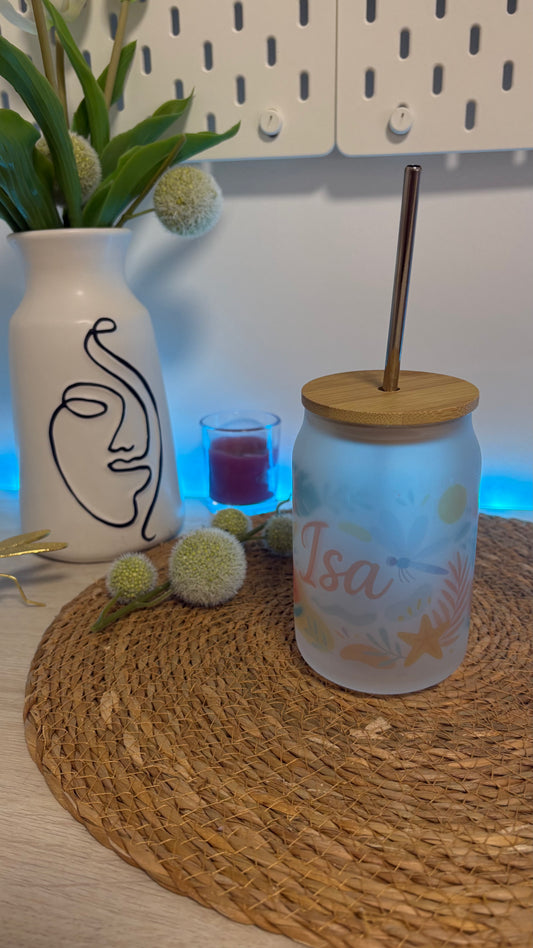 Vaso tapadera bambú y cañita metálica personalizable